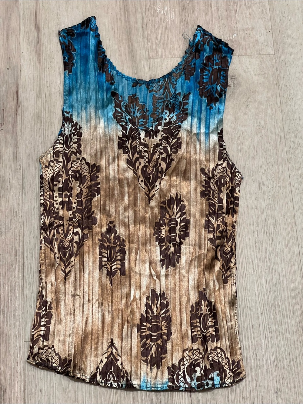 Blue & Brown Printed Pleated Tank Top